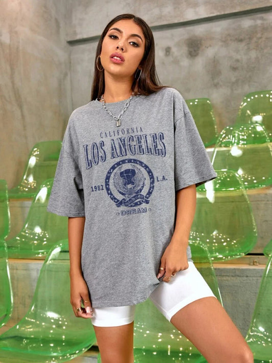 Fifth Avenue DIFT475 Boyfriend Oversized Fit Los Angeles Printed Womens T-Shirt - Grey