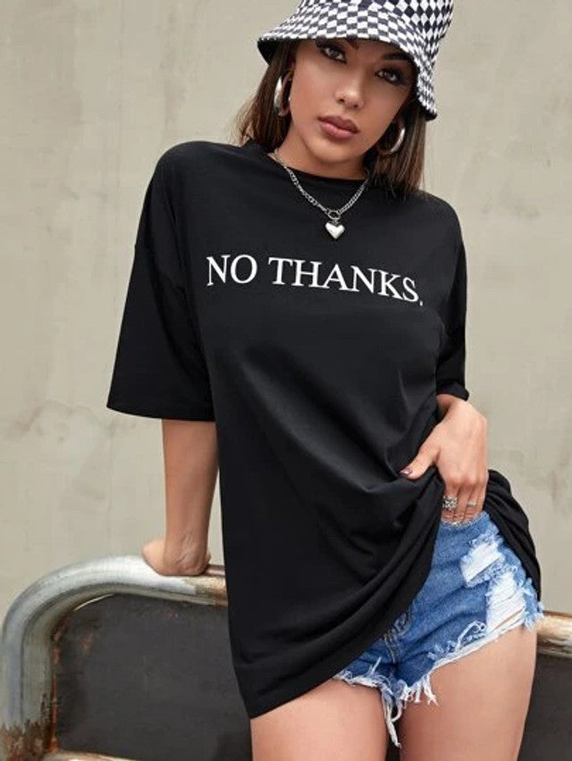 Fifth Avenue DIFT489 Boyfriend Oversized Fit No Thanks Printed Womens T-Shirt -Black