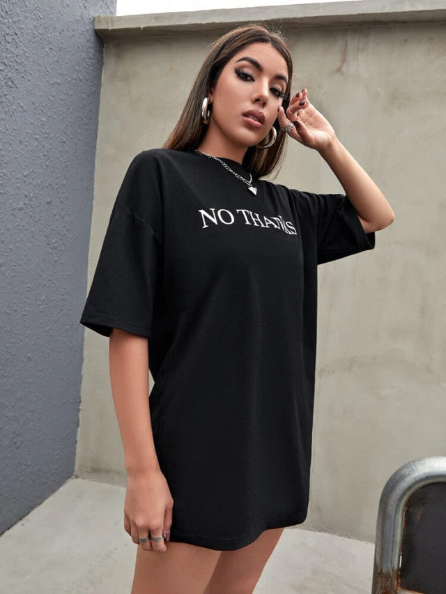 Fifth Avenue DIFT489 Boyfriend Oversized Fit No Thanks Printed Womens T-Shirt -Black