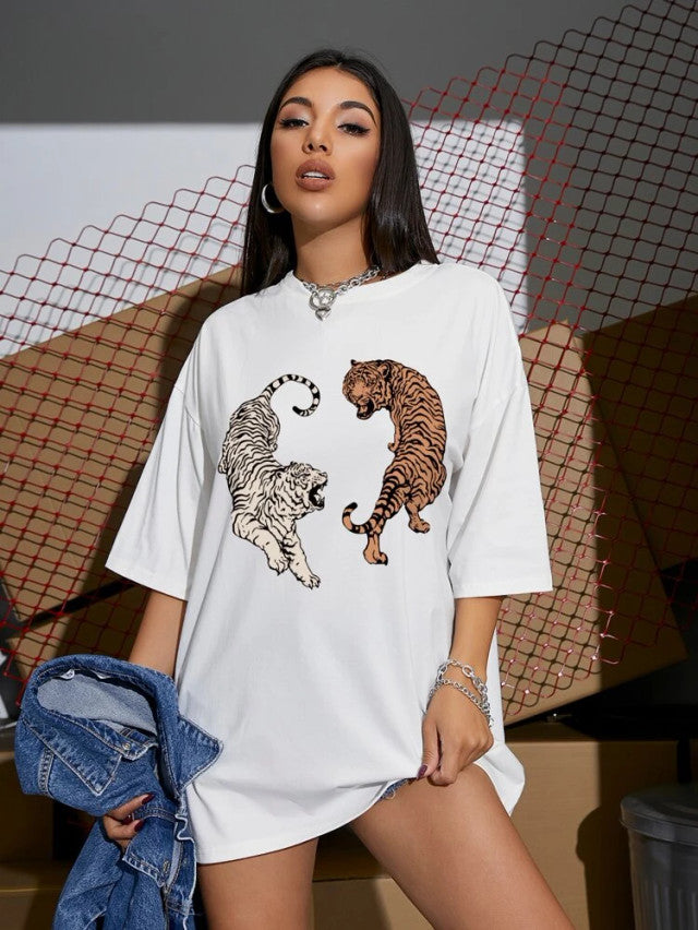 Fifth Avenue DIFT483 Boyfriend Oversized Fit  Tiger Printed Womens T-Shirt White