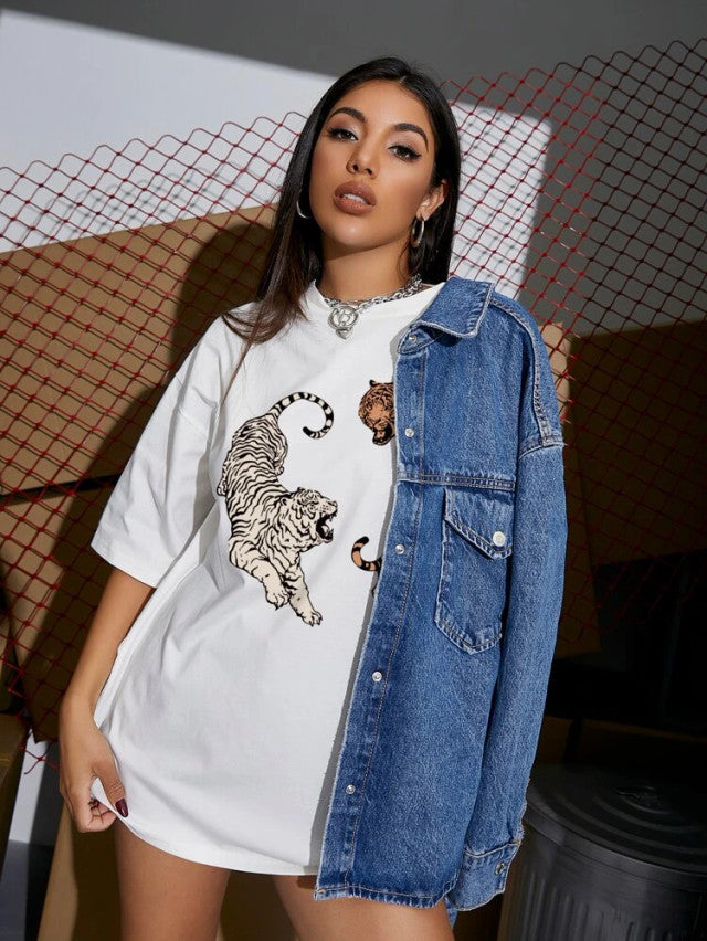 Fifth Avenue DIFT483 Boyfriend Oversized Fit  Tiger Printed Womens T-Shirt White