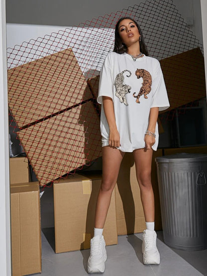 Fifth Avenue DIFT483 Boyfriend Oversized Fit  Tiger Printed Womens T-Shirt White