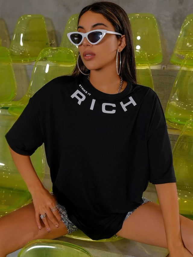 Fifth Avenue DIFT473 Boyfriend Oversized Fit It Rich Printed Womens T-Shirt - Black