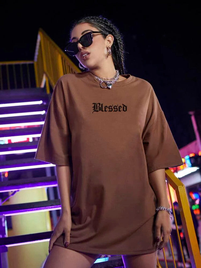 Fifth Avenue DIFT492 Boyfriend Oversized Fit Blessed Printed Womens T-Shirt - Brown