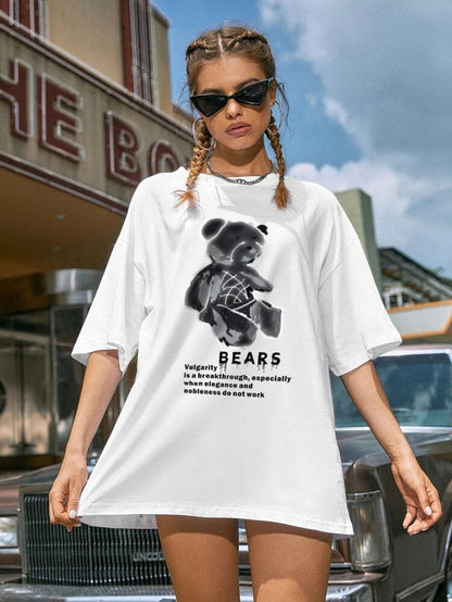 Fifth Avenue DIFT460 Boyfriend Oversized Fit Bear Printed Womens T-Shirt - White