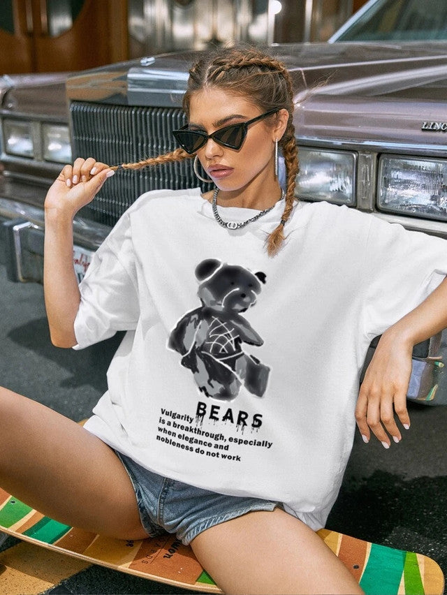 Fifth Avenue DIFT460 Boyfriend Oversized Fit Bear Printed Womens T-Shirt - White