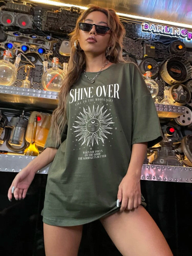 Fifth Avenue DIFT480 Boyfriend Oversized Fit Shine Printed Womens T-Shirt - Army Green