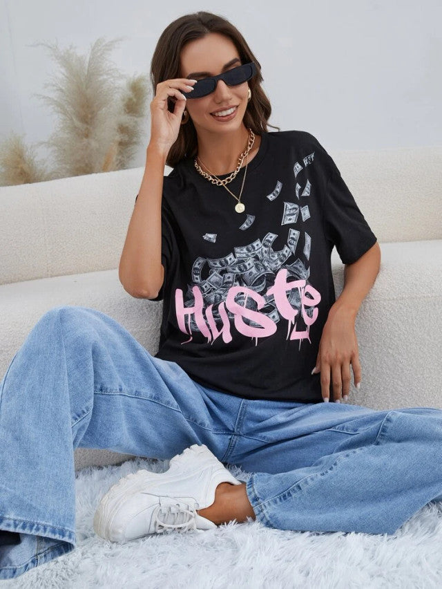 Fifth Avenue DIFT466 Boyfriend Oversized Fit Hustle Cash Printed Womens T-Shirt Black