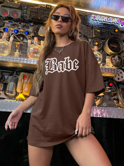 Fifth Avenue DIFT468 Boyfriend Oversized Fit Babe Printed Womens T-Shirt -Brown