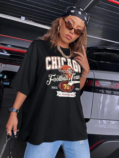 Fifth Avenue DIFT469 Boyfriend Oversized Fit Chicago Printed Womens T-Shirt -Black