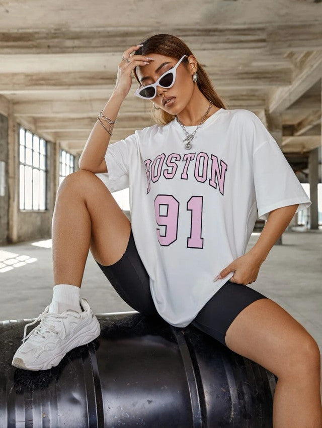 Fifth Avenue DIFT452 Boyfriend Oversized Fit Boston Printed Womens T-Shirt - White