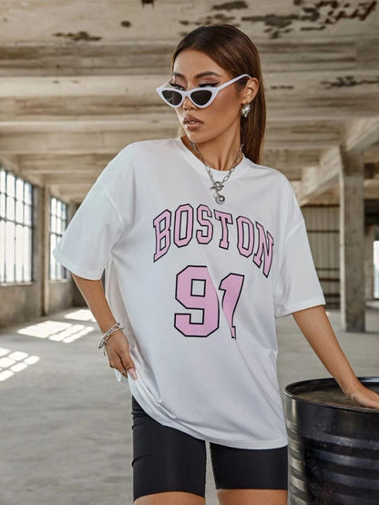 Fifth Avenue DIFT452 Boyfriend Oversized Fit Boston Printed Womens T-Shirt - White