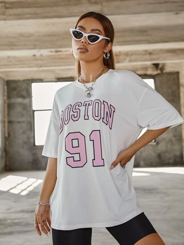 Fifth Avenue DIFT452 Boyfriend Oversized Fit Boston Printed Womens T-Shirt - White