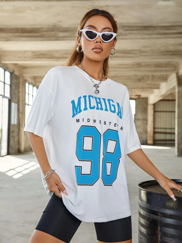 Fifth Avenue DIFT452 Boyfriend Oversized Fit Michigan Printed Womens T-Shirt - White