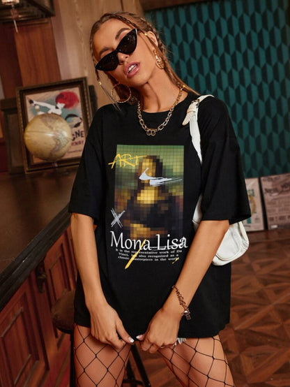 Fifth Avenue DIFT485 Boyfriend Oversized Fit Mona Lisa Printed Womens T-Shirt Black