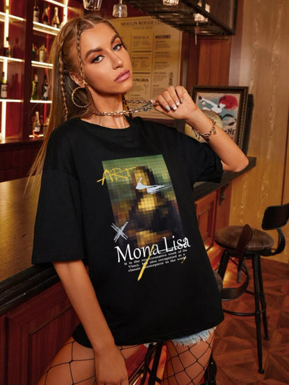 Fifth Avenue DIFT485 Boyfriend Oversized Fit Mona Lisa Printed Womens T-Shirt Black