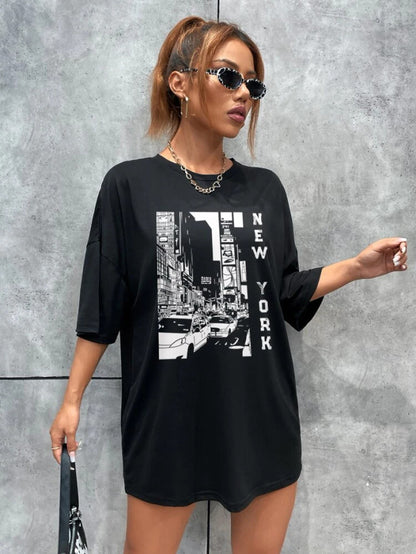 Fifth Avenue DIFT454 Boyfriend Oversized Fit New York Printed Womens T-Shirt -Black