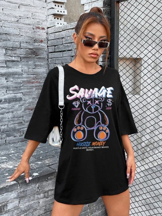 Fifth Avenue DIFT481 Boyfriend Oversized Fit Savage Printed Womens T-Shirt -Black