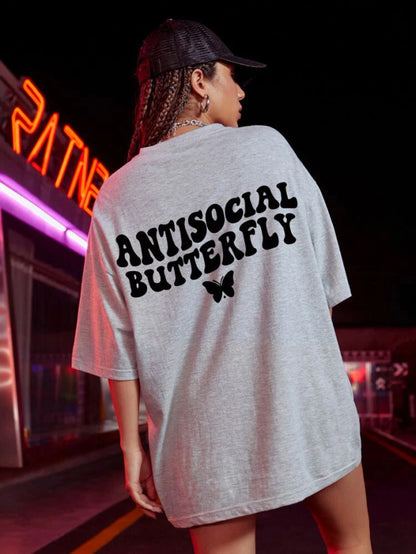 Fifth Avenue DIFT459 Boyfriend Oversized Fit  Social Butterfly Printed Womens T-Shirt -Grey