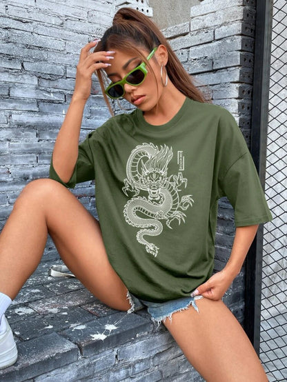 Fifth Avenue DIFT488 Boyfriend Oversized Fit Dragon Printed Womens T-Shirt -Army Green