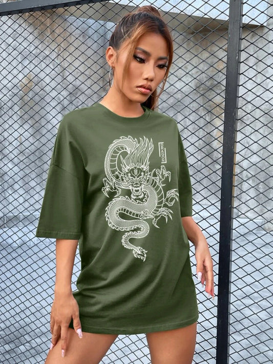 Fifth Avenue DIFT488 Boyfriend Oversized Fit Dragon Printed Womens T-Shirt -Army Green