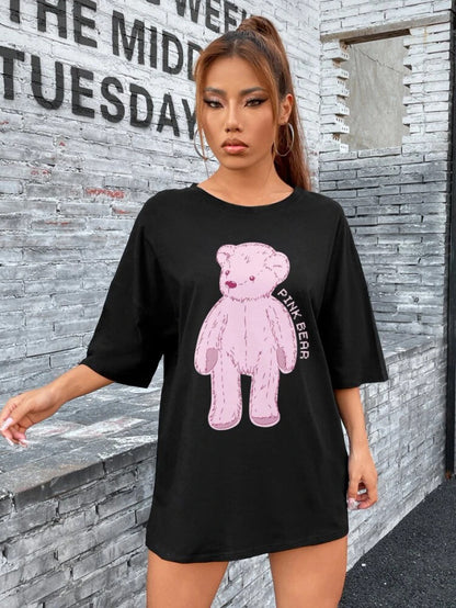 Fifth Avenue DIFT482 Boyfriend Oversized Fit Pink Bear Printed Womens T-Shirt Black