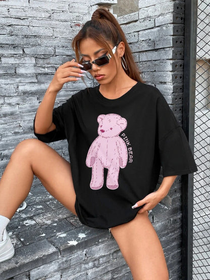 Fifth Avenue DIFT482 Boyfriend Oversized Fit Pink Bear Printed Womens T-Shirt Black