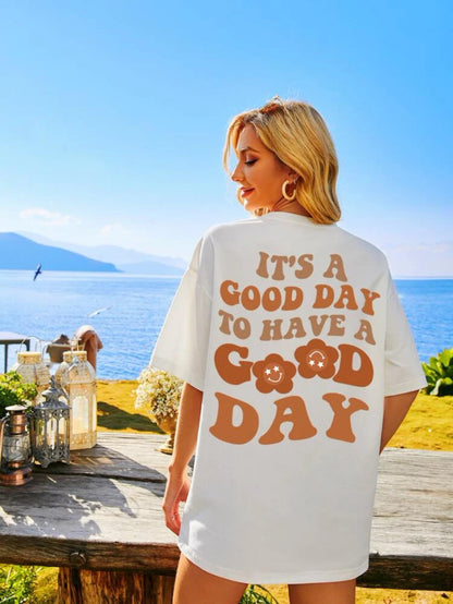 Fifth Avenue DIFT470 Boyfriend Oversized Fit Good Day Printed Womens T-Shirt -White