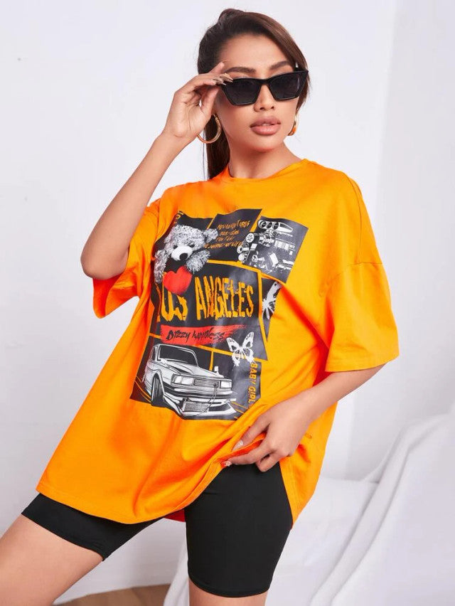 Fifth Avenue DIFT529 Boyfriend Oversized Fit News Printed Womens T-Shirt Orange