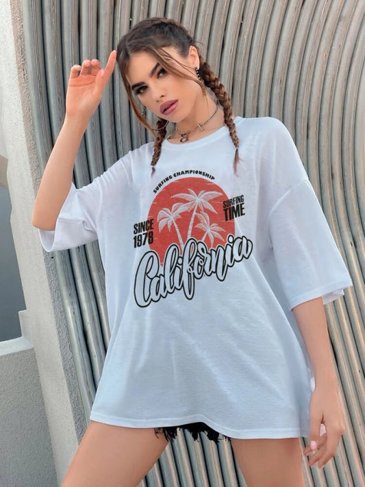 Fifth Avenue DIFT463 Boyfriend Oversized Fit  California Printed Womens T-Shirt White