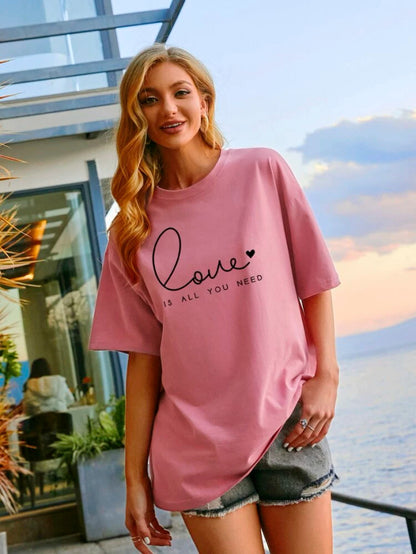 Fifth Avenue DIFT503 Boyfriend Oversized Fit  Love Printed Womens T-Shirt -Pink