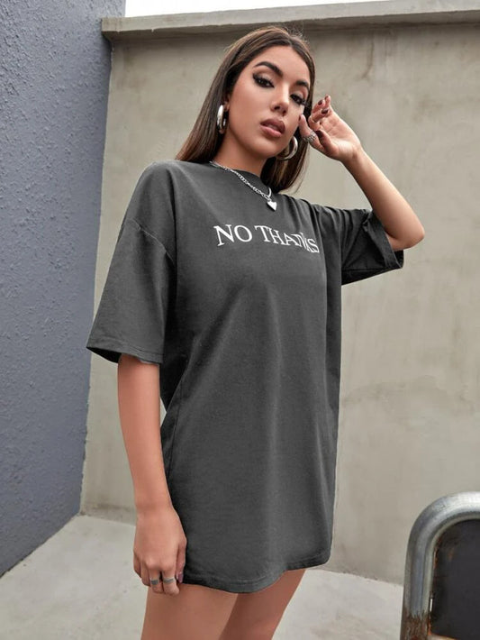 Fifth Avenue DIFT489 Boyfriend Oversized Fit No Thanks Printed Womens T-Shirt -Charcoal