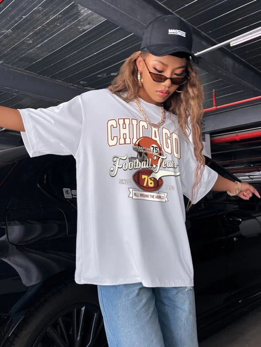 Fifth Avenue DIFT469 Boyfriend Oversized Fit Chicago Printed Womens T-Shirt - White