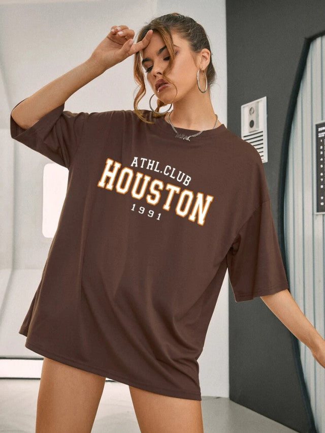 Fifth Avenue DIFT515 Boyfriend Oversized Fit Houston Printed Womens T-Shirt Brown