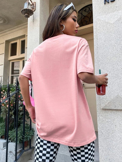 Fifth Avenue DIFT553 Boyfriend Oversized Fit Tennis Printed Womens T-Shirt - Pink