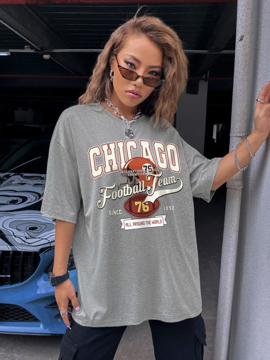 Fifth Avenue DIFT469 Boyfriend Oversized Fit Chicago Printed Womens T-Shirt - Grey