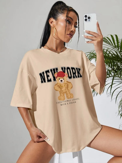 Fifth Avenue DIFT541 Boyfriend Oversized Fit New York Printed Womens T-Shirt - Cream