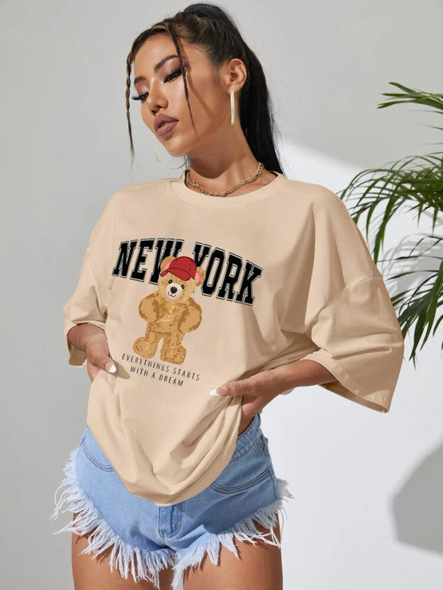 Fifth Avenue DIFT541 Boyfriend Oversized Fit New York Printed Womens T-Shirt - Cream