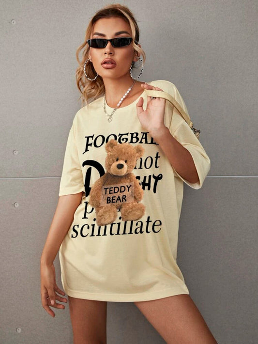 Fifth Avenue DIFT544 Boyfriend Oversized Fit Bear Printed Womens T-Shirt -Cream