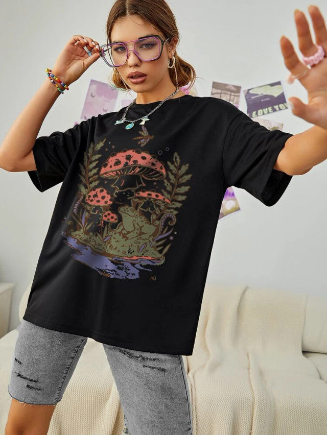 Fifth Avenue DIFT545 Boyfriend Oversized Fit Mushroom Printed Womens T-Shirt Black