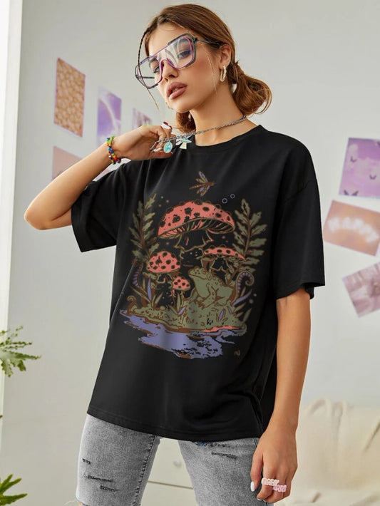 Fifth Avenue DIFT545 Boyfriend Oversized Fit Mushroom Printed Womens T-Shirt Black