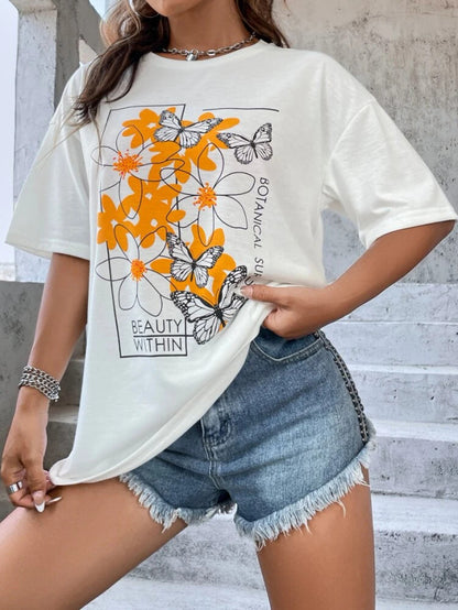 Fifth Avenue DIFT516 Boyfriend Oversized Fit Floral Printed Womens T-Shirt White