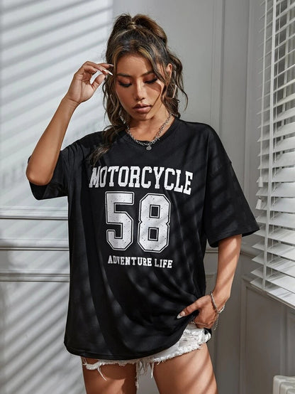 Fifth Avenue DIFT498 Boyfriend Oversized Fit Motorcycle Number Printed Womens T-Shirt -Black