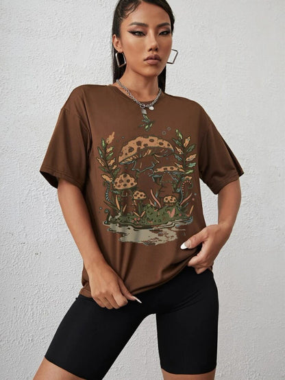 Fifth Avenue DIFT545 Boyfriend Oversized Fit Mushroom Printed Womens T-Shirt Brown