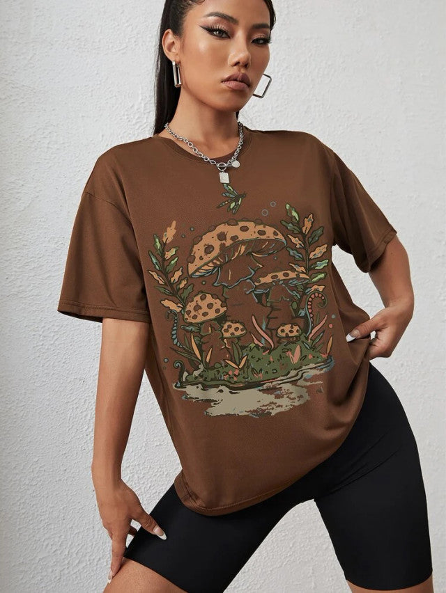 Fifth Avenue DIFT545 Boyfriend Oversized Fit Mushroom Printed Womens T-Shirt Brown