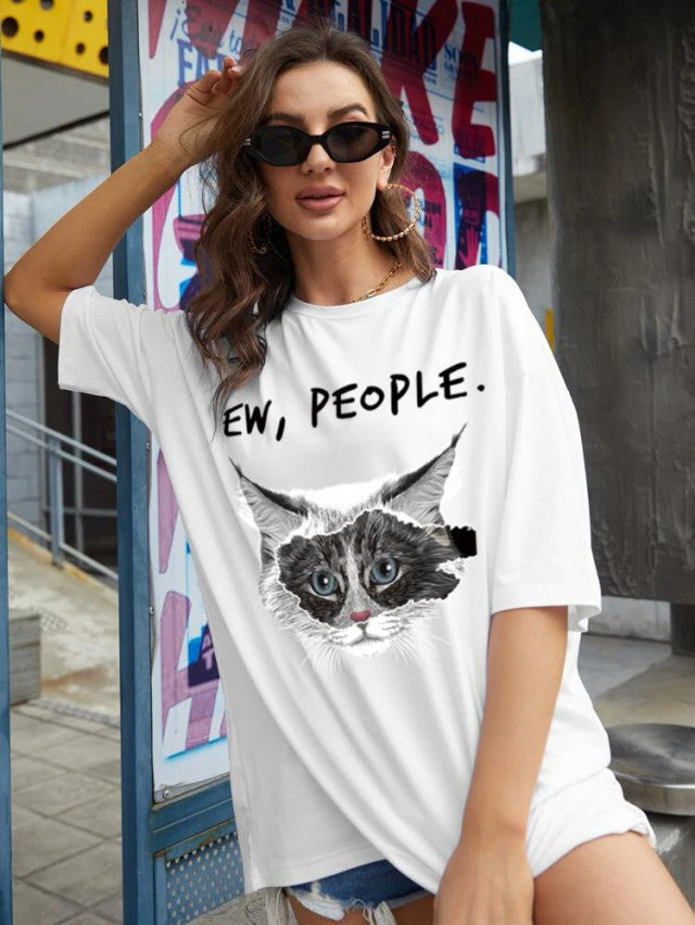 Fifth Avenue DIFT552 Boyfriend Oversized Fit Ew People Printed Womens T-Shirt - White