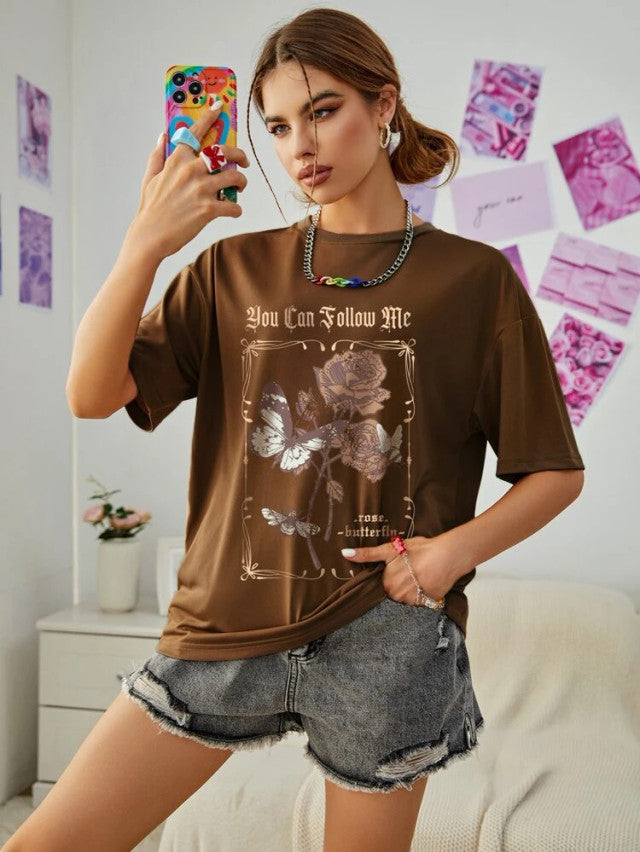 Fifth Avenue DIFT546 Boyfriend Oversized Fit Floral Printed Womens T-Shirt - Brown