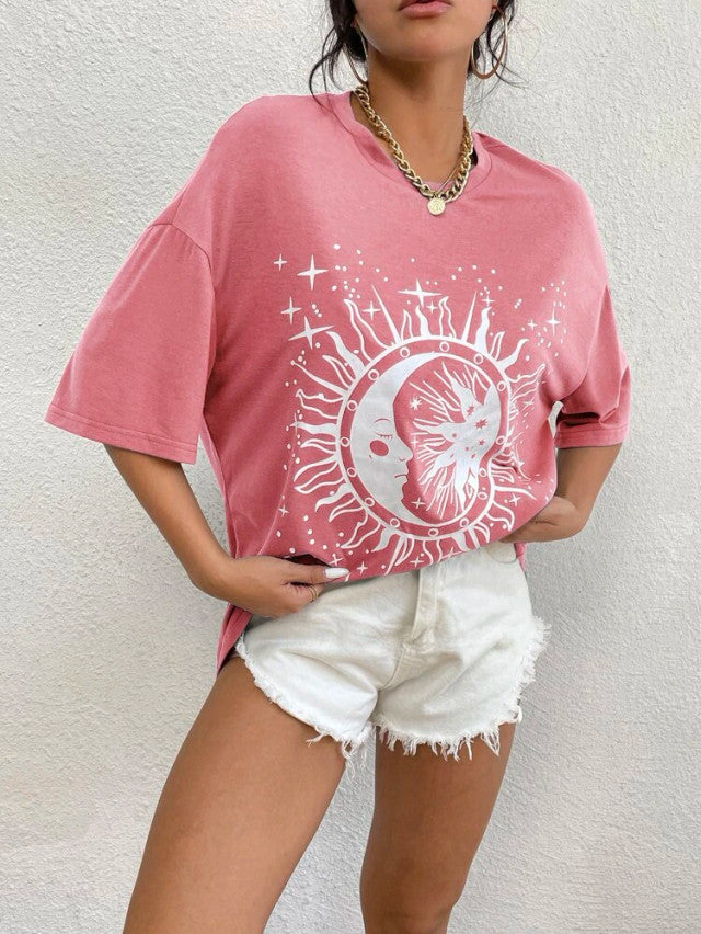 Fifth Avenue DIFT554 Boyfriend Oversized Fit Sun Printed Womens T-Shirt - Pink