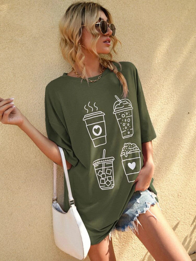 Fifth Avenue DIFT550 Boyfriend Oversized Fit Coffee Printed Womens T-Shirt -ArmyGreen