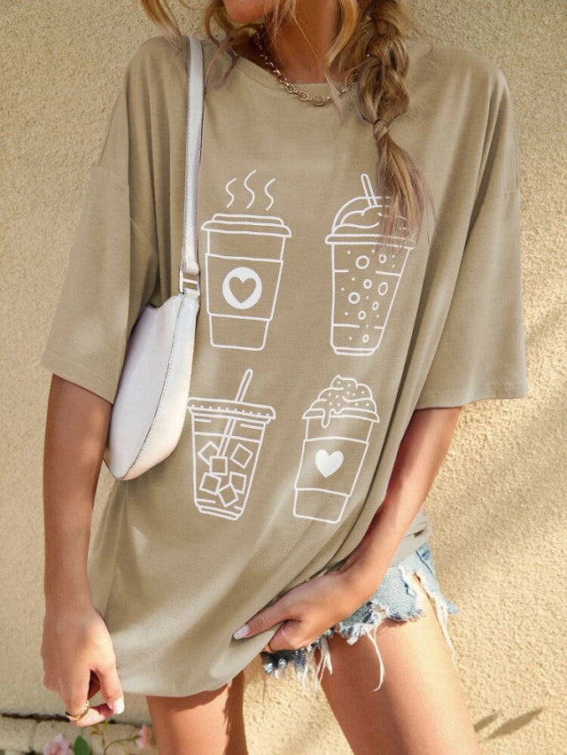 Fifth Avenue DIFT550 Boyfriend Oversized Fit Coffee Printed Womens T-Shirt - Cream